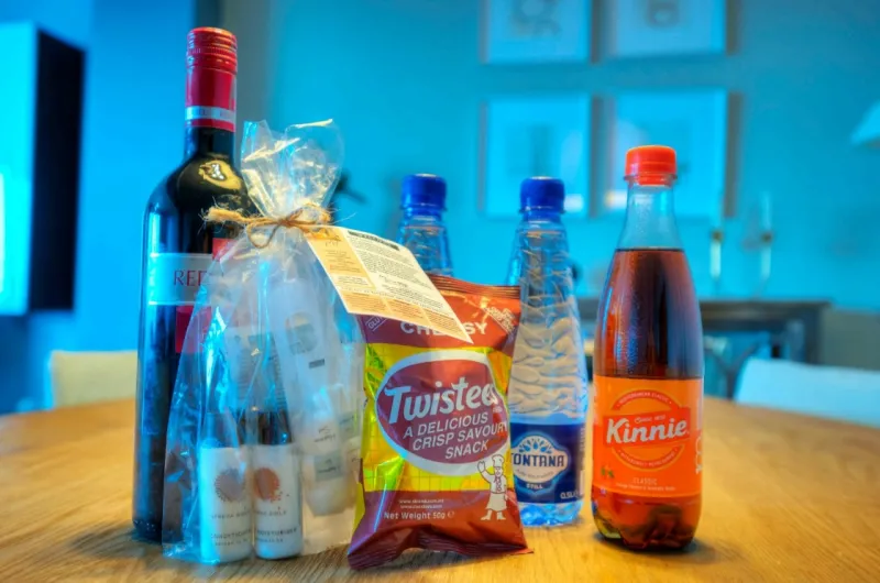 Welcome Pack (water, Kinnie, wine, toiletries & snacks)